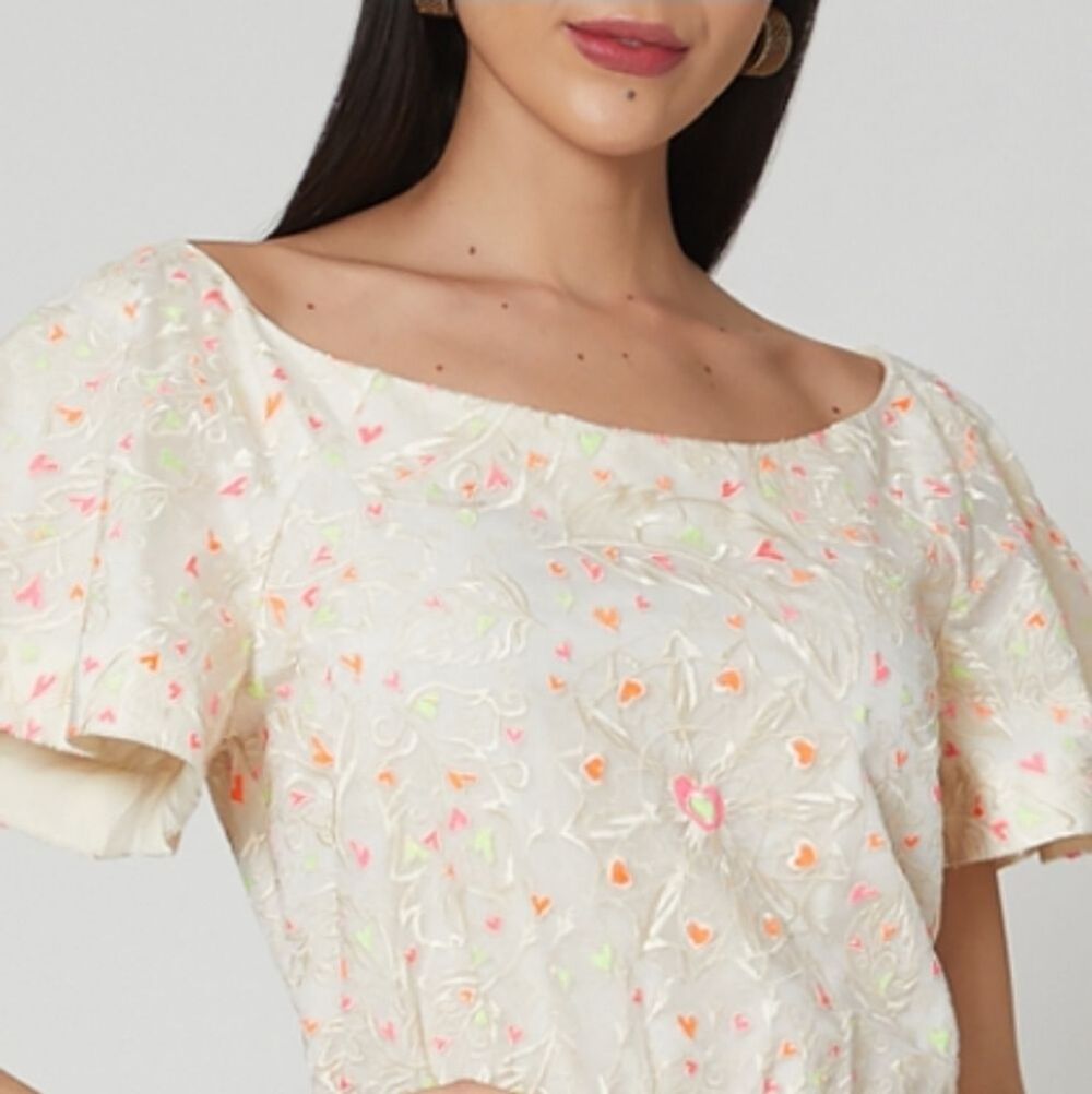 NEW MANISH ARORA Paris Embroidery Ivory Cream Organza Blouse Heart Top M 38 $650
